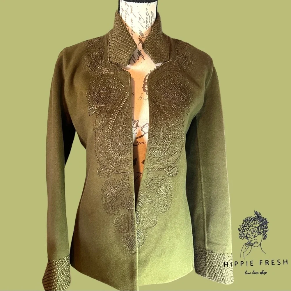 Linda Allard Ellen Tracy 100% Wool Open Front Silk Lined Jacket Embellished 6 - Picture 6 of 6